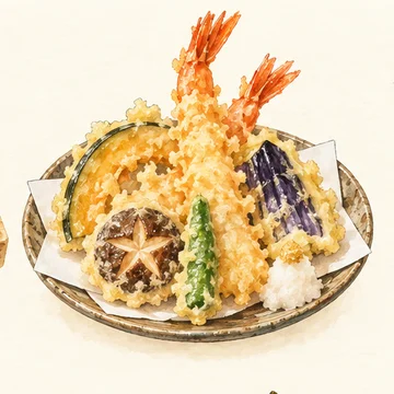 Illustration of Tempura. Prawns and vegetables in a light golden batter. Look around Asakusa for traditional tempura shops.