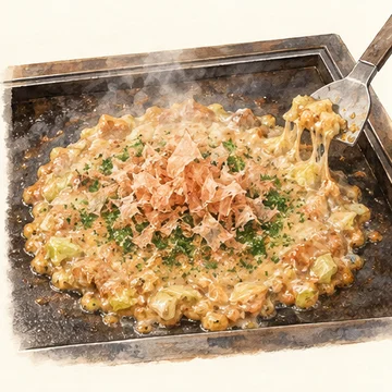 Illustration of Monjayaki. A savory batter cooked on a hot griddle and eaten with little spatulas. Monja Street is the neighborhood starting point.