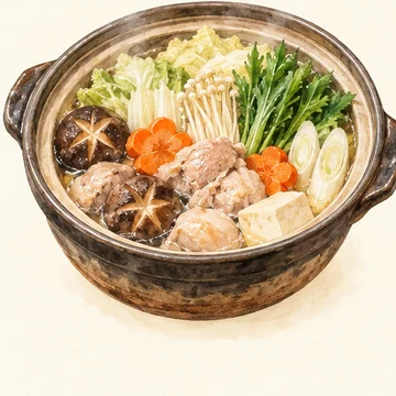 Illustration of Chanko nabe. A generous hotpot associated with sumo dining, filled with vegetables and varying meats or seafood.