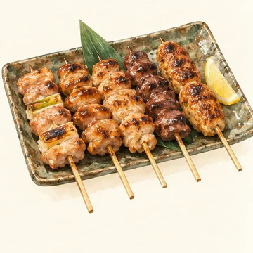 Illustration of Yakitori. Grilled chicken skewers in tiny eateries around Omoide Yokocho. Space can be tight; check seating and smoke policies.