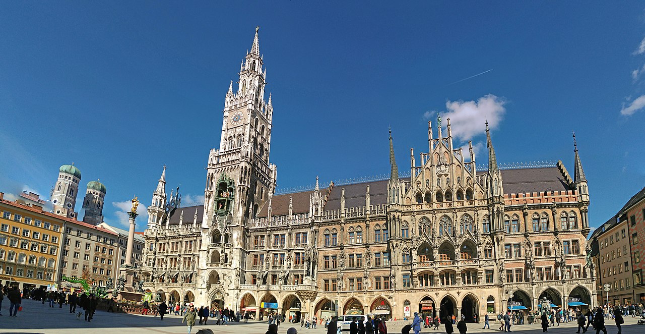 New Town Hall and the twin towers of Frauenkirche at Munich’s Marienplatz