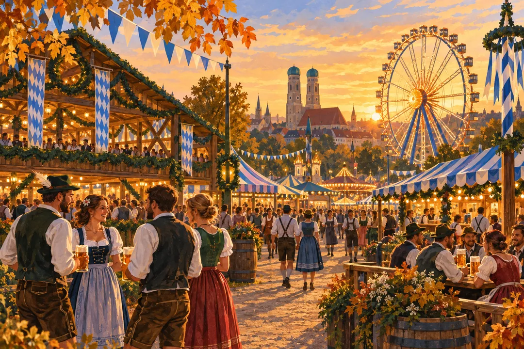 Illustration eines Riesenrads, von Festzelten und blau-weißen Wimpeln im goldenen Abendlicht.