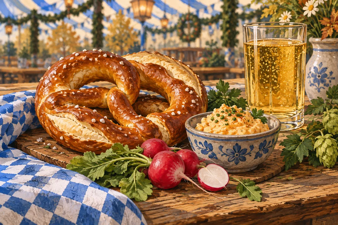 Illustration einer Brezel, von Radieschen, Käseaufstrich und einem sprudelnden Getränk auf einem Holztisch.