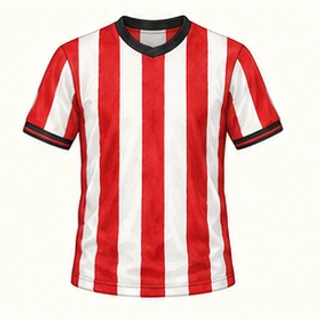 Illustrated Brentford home-colour shirt: red and white vertical stripes with black trim.