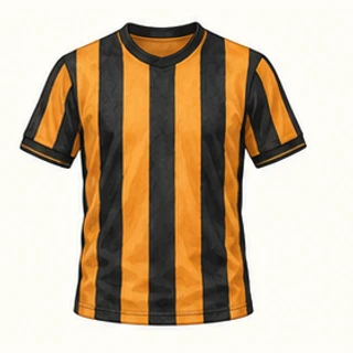 Illustrated Hull City home-colour shirt: amber and black vertical stripes.