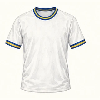 Illustrated Leeds United home-colour shirt: white with blue and yellow collar trim.