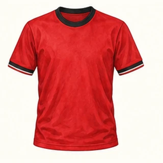 Illustrated Manchester United home-colour shirt: red with black trim.
