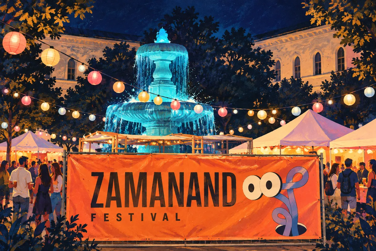 Illustrated night festival: a glowing blue fountain, colourful lanterns and an orange Zamanand banner.